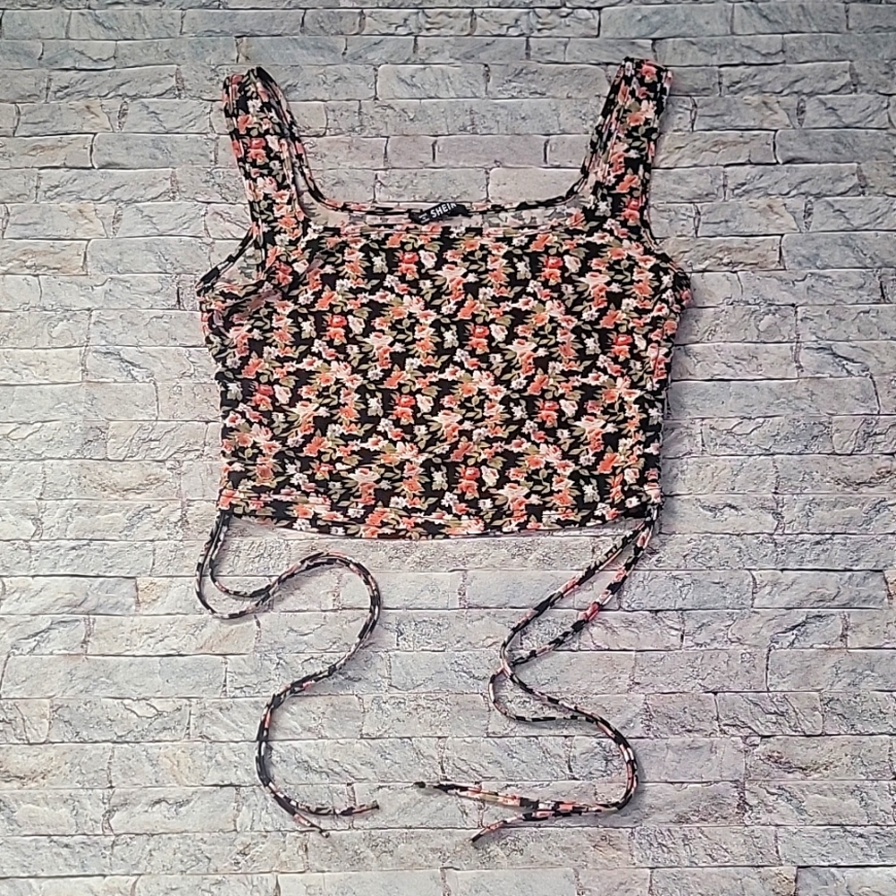 Shein Floral Tank Crop Top Sinch Sides Large